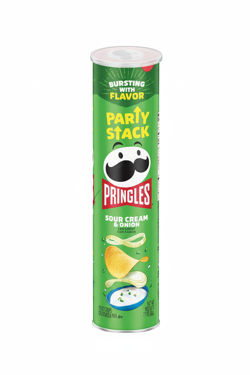 Pringles Sour Cream and Onion Party Stack 7.1 oz can front with bursting with flavor badge