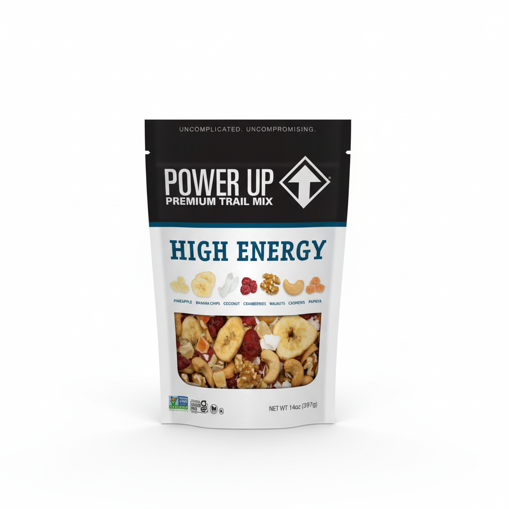 Power Up Premium Trail Mix High Energy 14oz - Front Bag Non-GMO Gluten Free