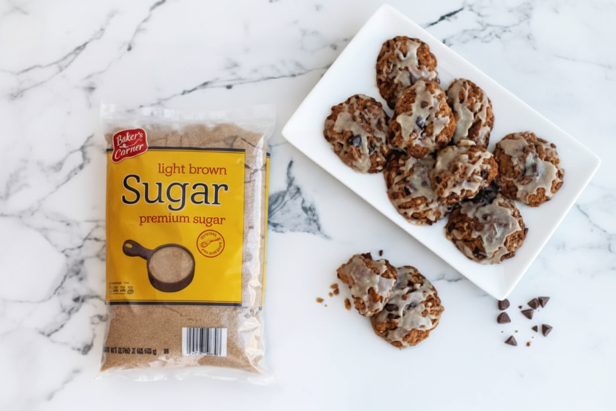 Baker's Corner Light Brown Sugar 32 oz Bag with Freshly Baked Chocolate Chip Cookies Lifestyle Shot