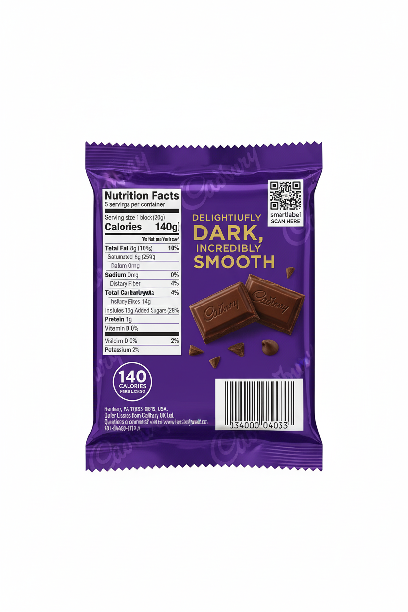 Cadbury Royal Dark Dark Chocolate bar back nutrition facts 140 calories 8g fat 14g sugars 1g protein 5 servings delightfully dark incredibly smooth