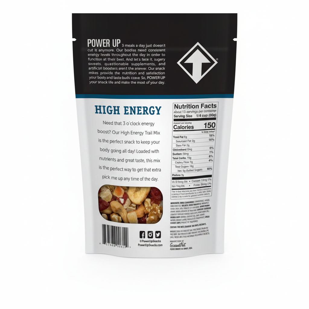 Power Up High Energy Trail Mix 14oz - Back of Bag 150 Calories Per Serving