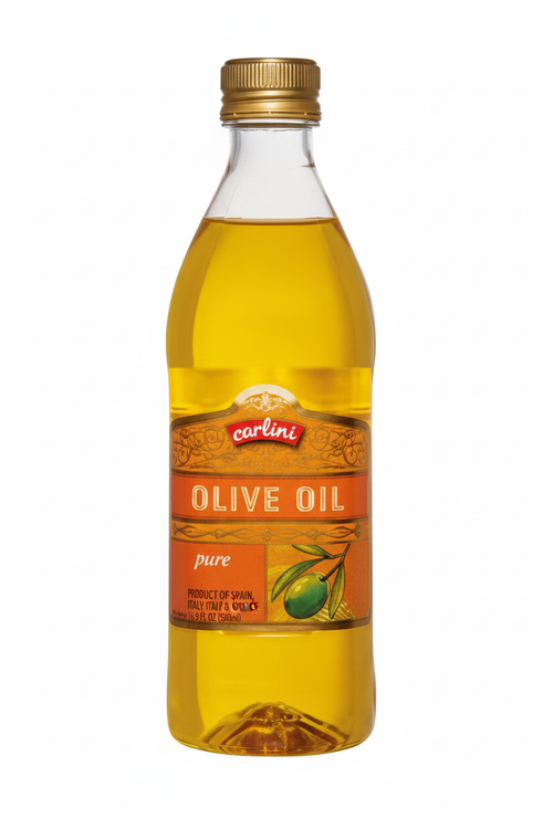 Carlini Pure Olive Oil 16.9 fl oz Clear Glass Bottle Gold Cap Orange Red Label Product of Spain Italy Greece