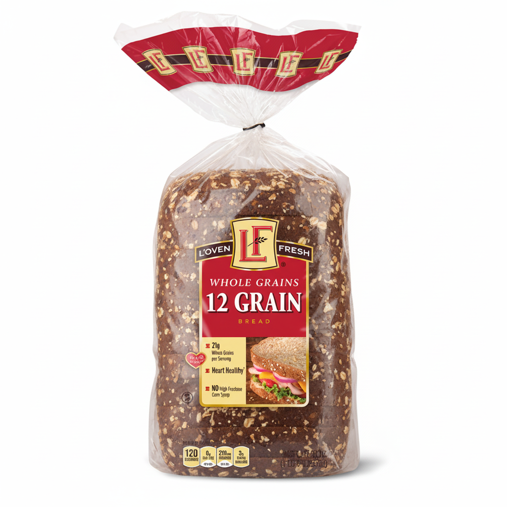 L'oven Fresh Whole Grains 12 Grain Bread 24oz wide pan loaf in clear bag with red gold LF logo, 21g whole grains and Heart Healthy claim