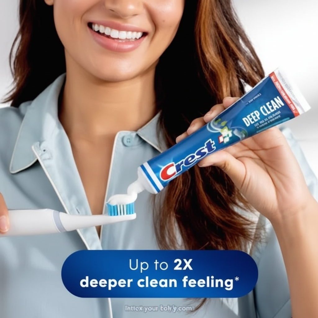 Woman squeezing Crest Deep Clean toothpaste onto toothbrush - up to 2X deeper clean feeling