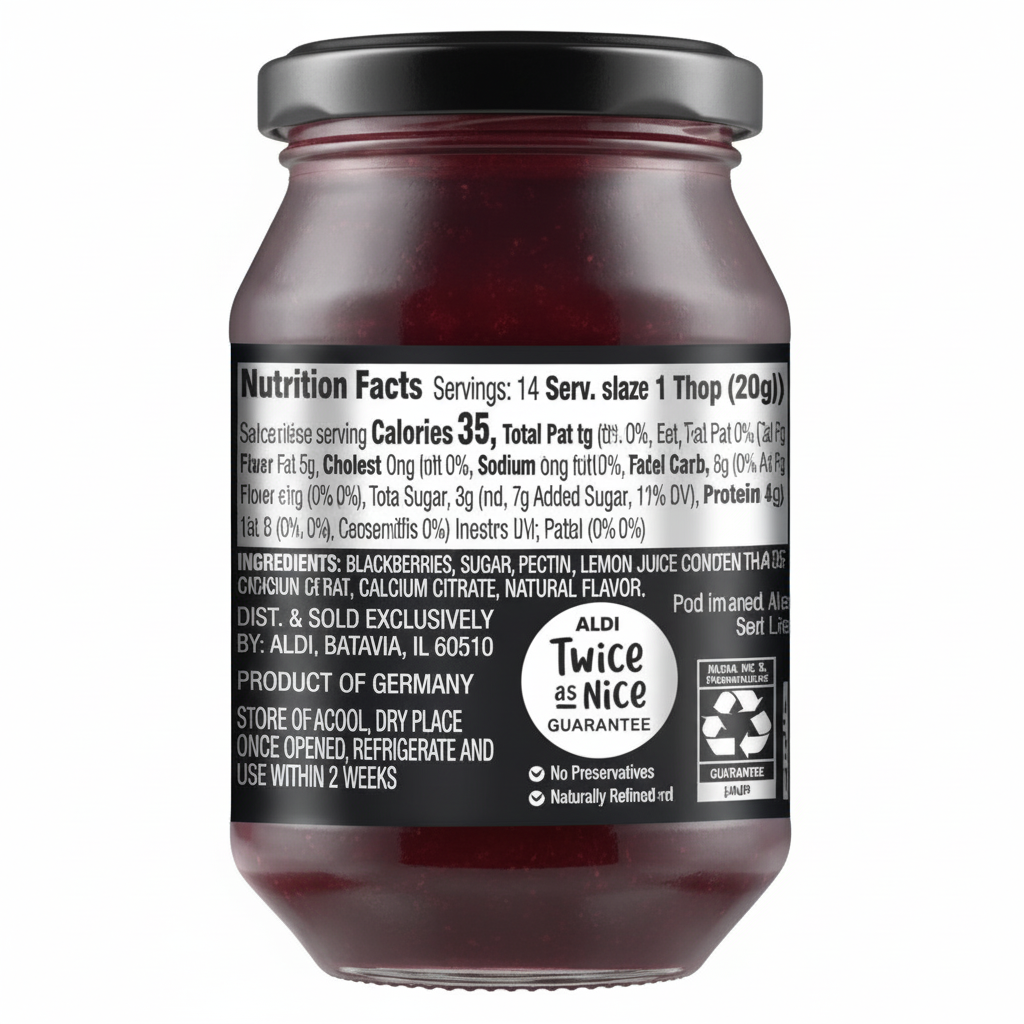 Blackberry Fruit Spread with 75% Fruit 9.95oz dark glass jar back view with nutrition facts and Twice as Nice badge