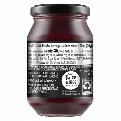 Blackberry Fruit Spread with 75% Fruit 9.95oz dark glass jar back view with nutrition facts and Twice as Nice badge