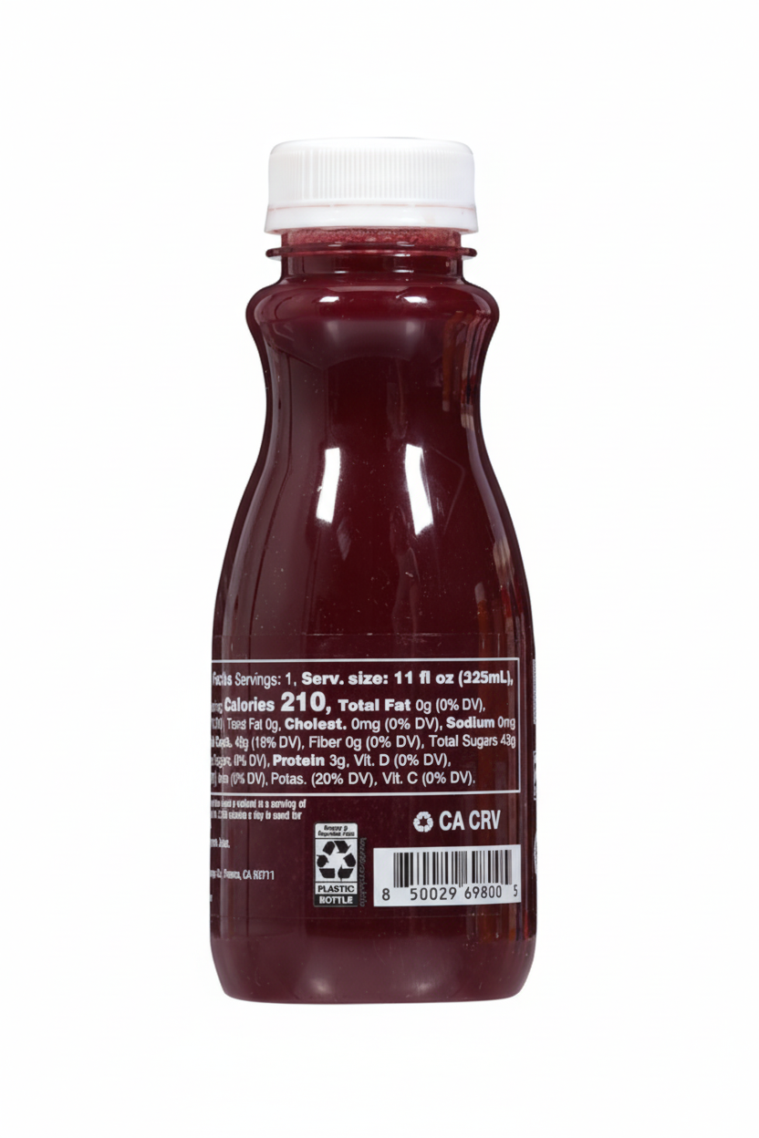 Squeezed Juice Pomegranate 100% Juice full nutrition panel 11 fl oz 325mL 210 calories 0g fat 0mg sodium CA CRV barcode