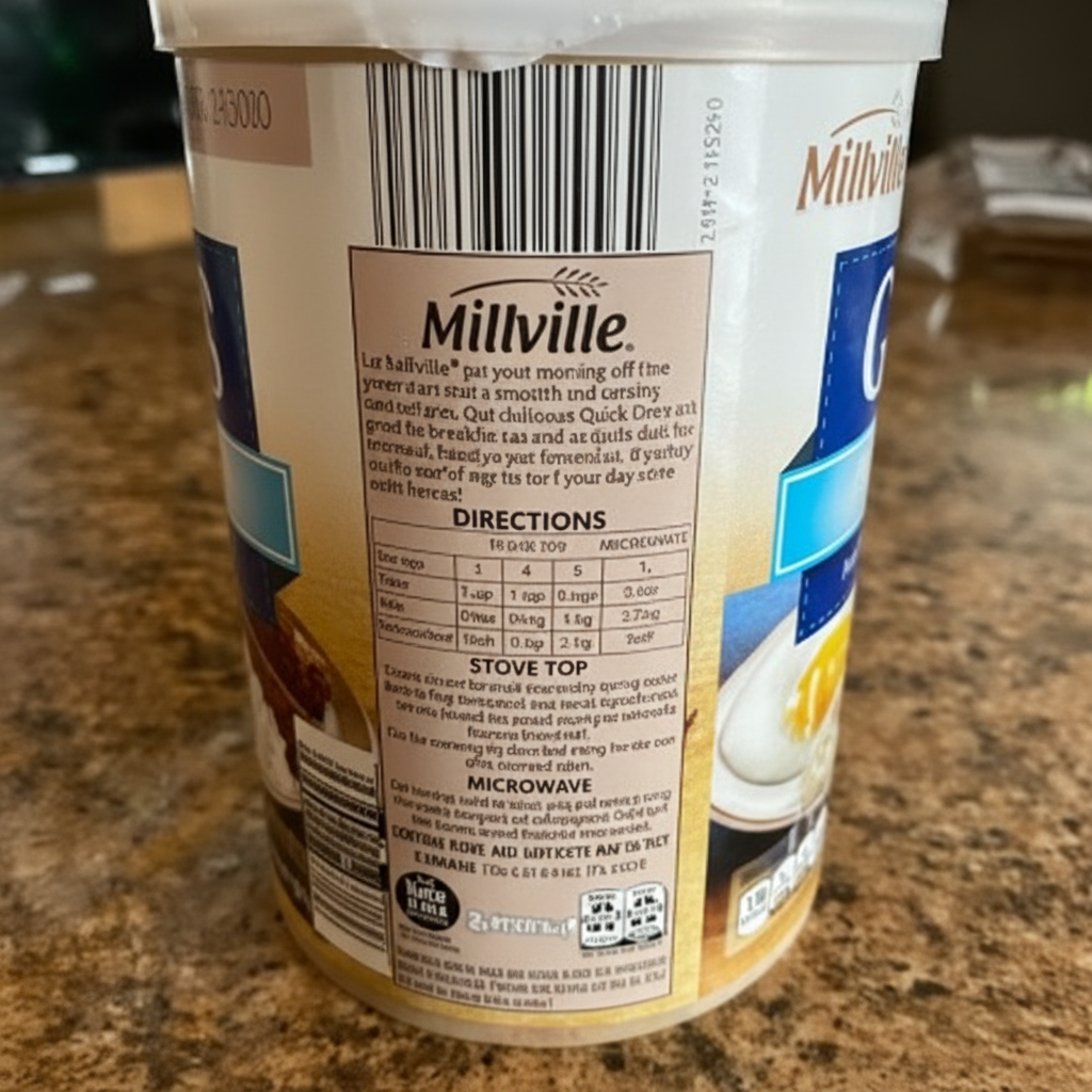 Millville Quick Grits 24oz canister back view with directions and nutrition information