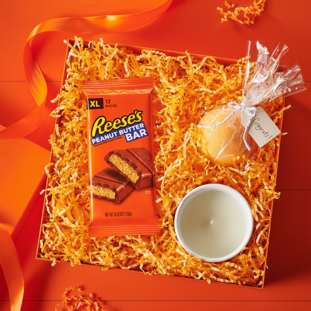 Reese's Peanut Butter Bar XL 4.25 oz in orange gift box with golden crinkle paper bath bomb candle and Congrats tag lifestyle shot