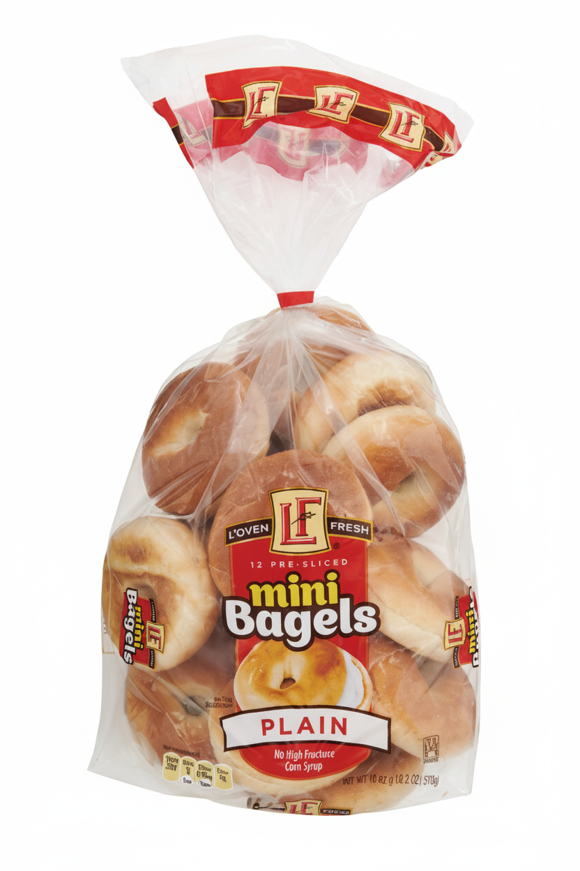 L'oven Fresh 12 Pre-Sliced Plain Mini Bagels 18oz clear bag with red LF logo band, Plain red banner and No High Fructose Corn Syrup claim