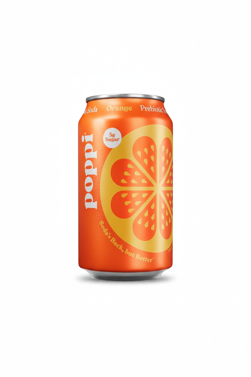 Poppi Orange prebiotic soda 12 fl oz vibrant orange can 5g sugar Soda's Back but Better
