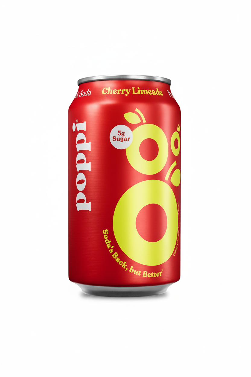 Poppi Cherry Limeade prebiotic soda 12 fl oz red can 5g sugar 30 calories Soda's Back but Better