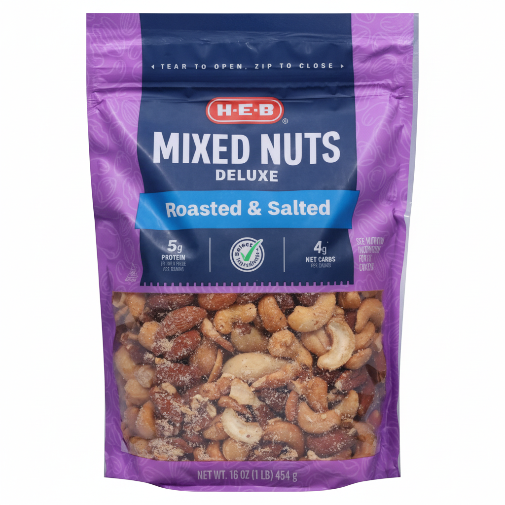H-E-B Mixed Nuts Deluxe Roasted and Salted 16oz - Front Bag with 5g Protein 4g Net Carbs
