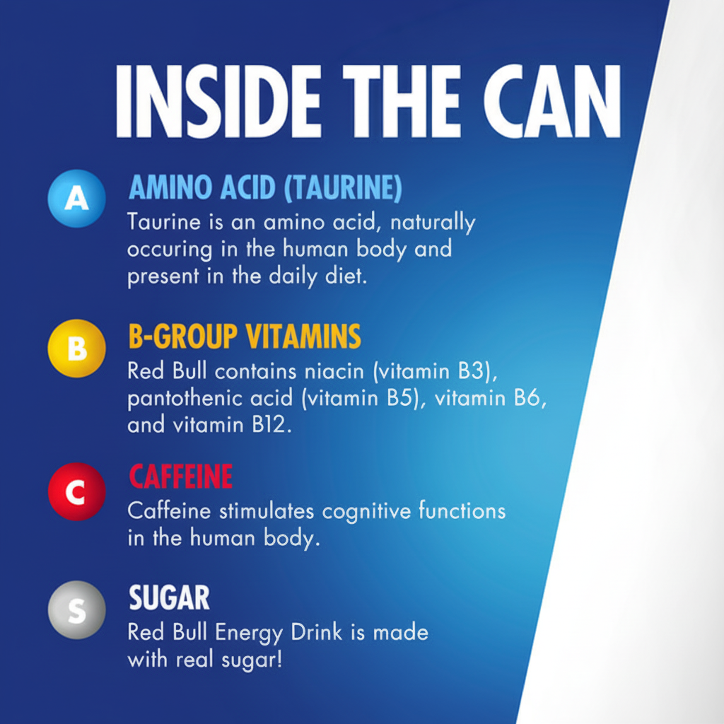 Red Bull Energy Drink - Inside the Can - Taurine, B-Vitamins, Caffeine, Sugar