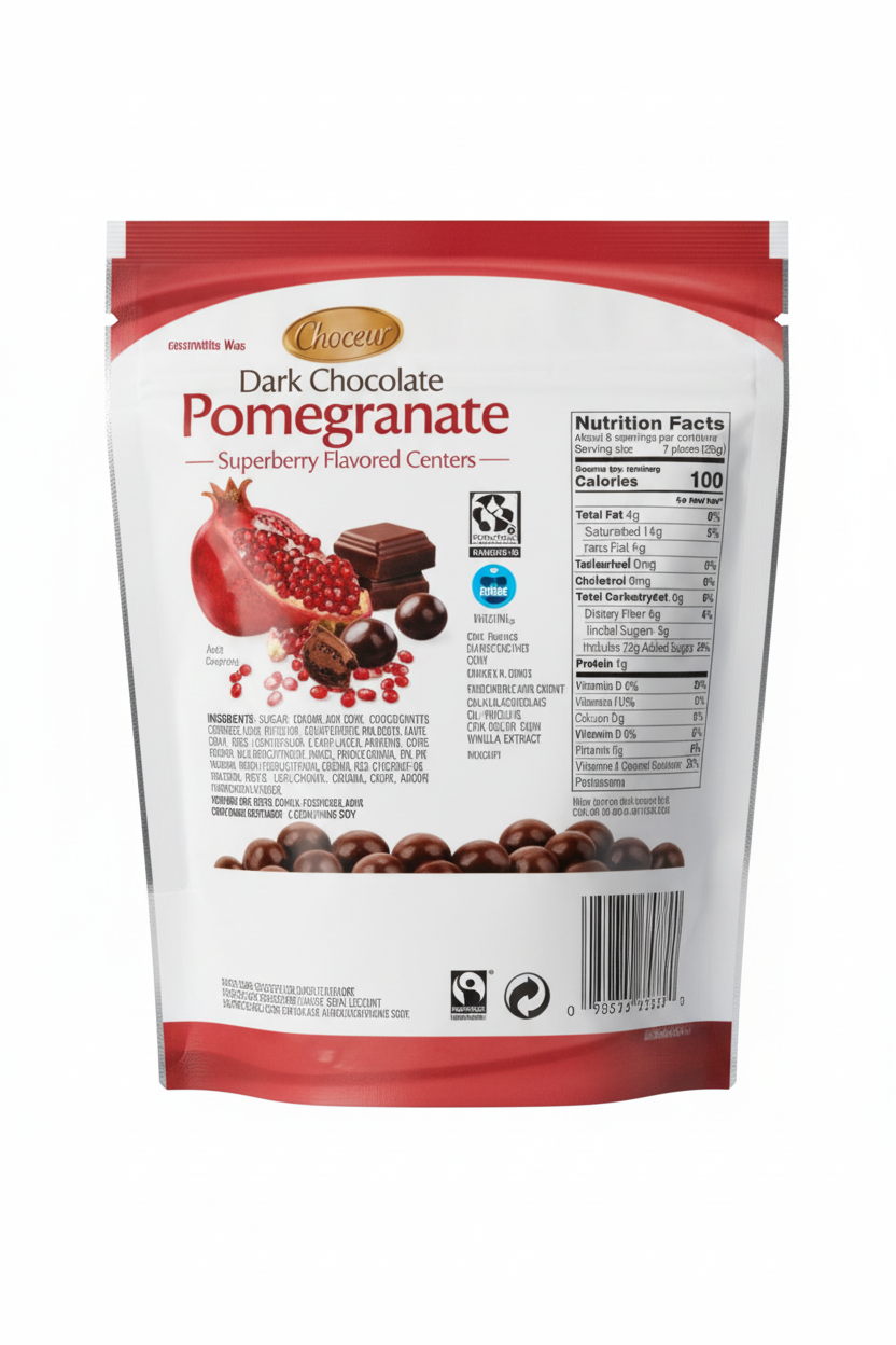 Choceur Dark Chocolate Pomegranate Superberry Centers nutrition facts 100 calories 4g fat 13g sugars 1g protein per 7 pieces 8 servings contains soy Fairtrade