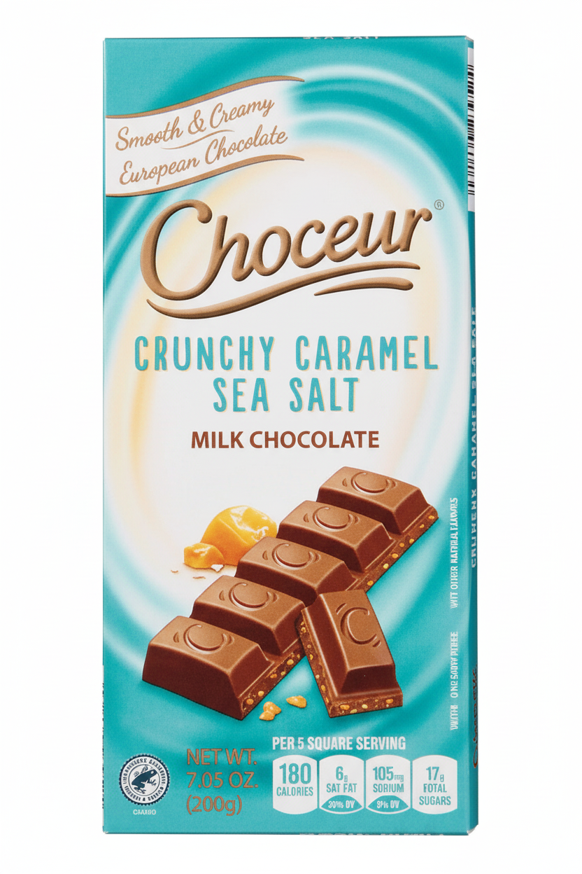 Choceur Crunchy Caramel Sea Salt Milk Chocolate bar 7.05 oz 200g smooth creamy European chocolate 180 calories per 5 square serving Rainforest Alliance Certified