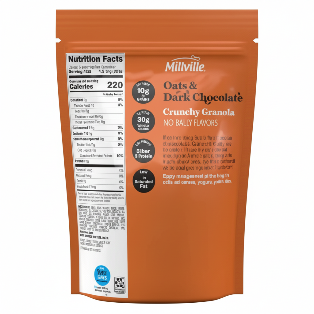 Millville Oats and Dark Chocolate Crunchy Granola 11oz pouch back panel with nutrition facts and ingredients
