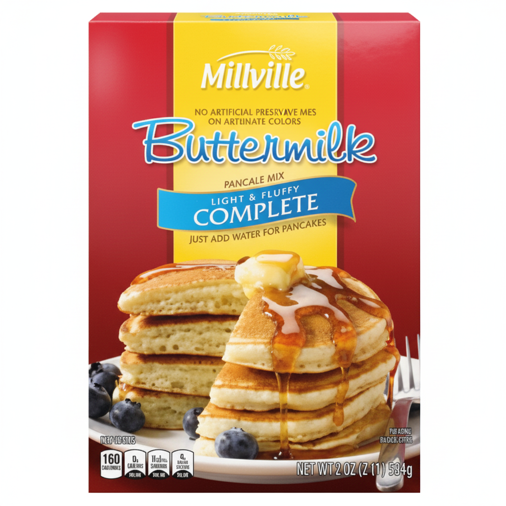 Millville Buttermilk Complete Pancake and Waffle Mix 32oz red and yellow box front with fluffy golden pancake stack and syrup
