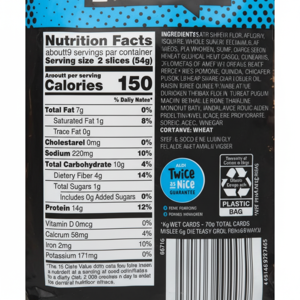 L'oven Fresh Protein Bread 18oz back label with nutrition facts 150 calories per 2 slices, 14g protein, ingredients and ALDI Twice as Nice guarantee