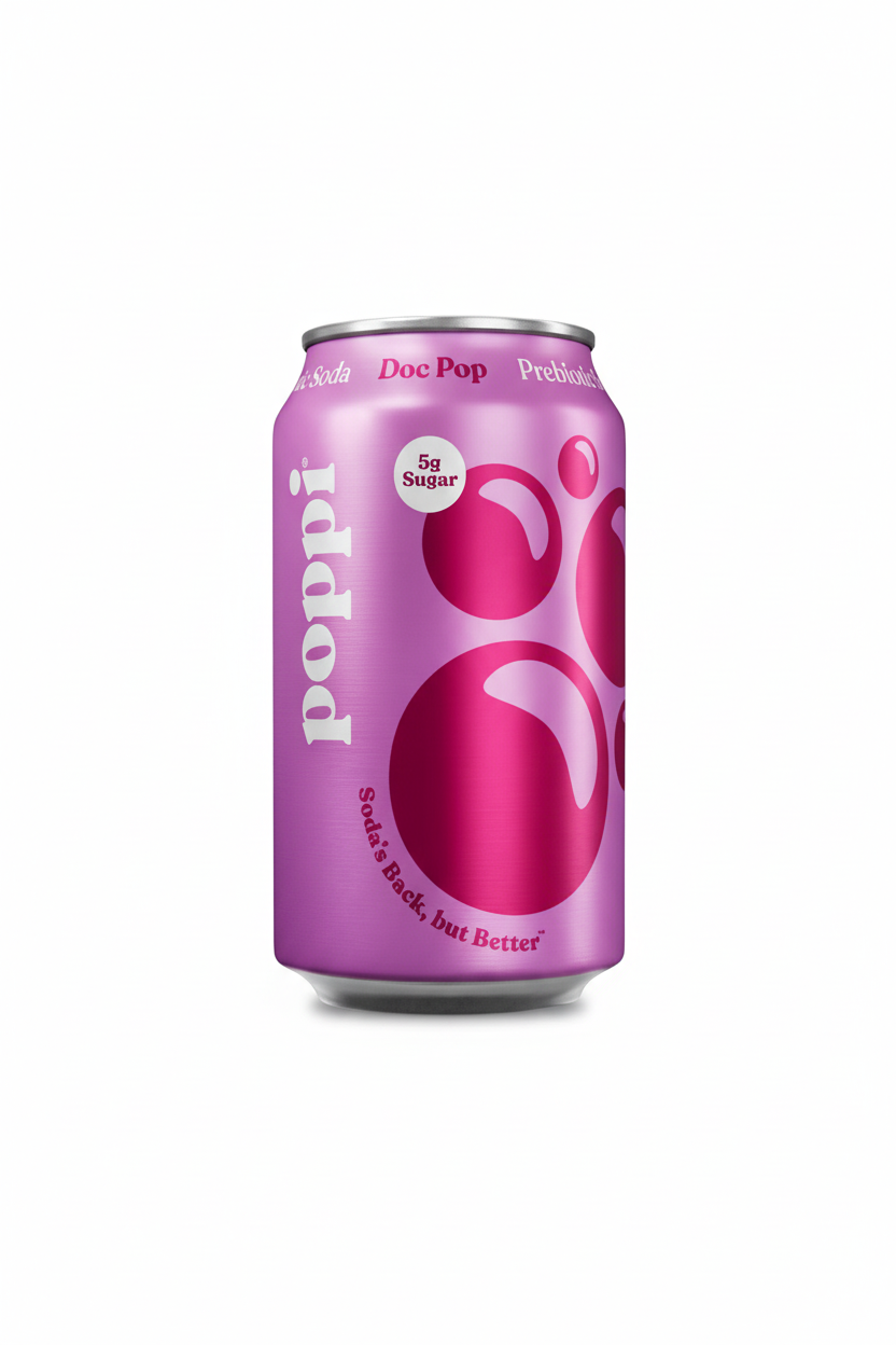 Poppi Doc Pop prebiotic soda 12 fl oz purple and pink can 5g sugar 30 calories