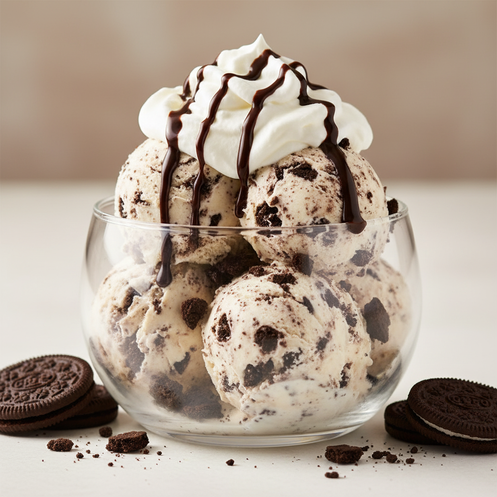 Cookies and Cream ice cream served in a bowl with crushed cookies and whipped cream