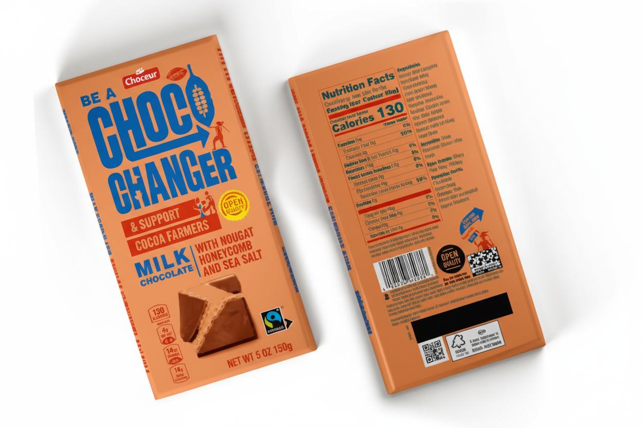 Choceur Be A Choco Changer Milk Chocolate with Nougat Honeycomb and Sea Salt 5 oz 150g front and back 130 calories Fairtrade certified support cocoa farmers