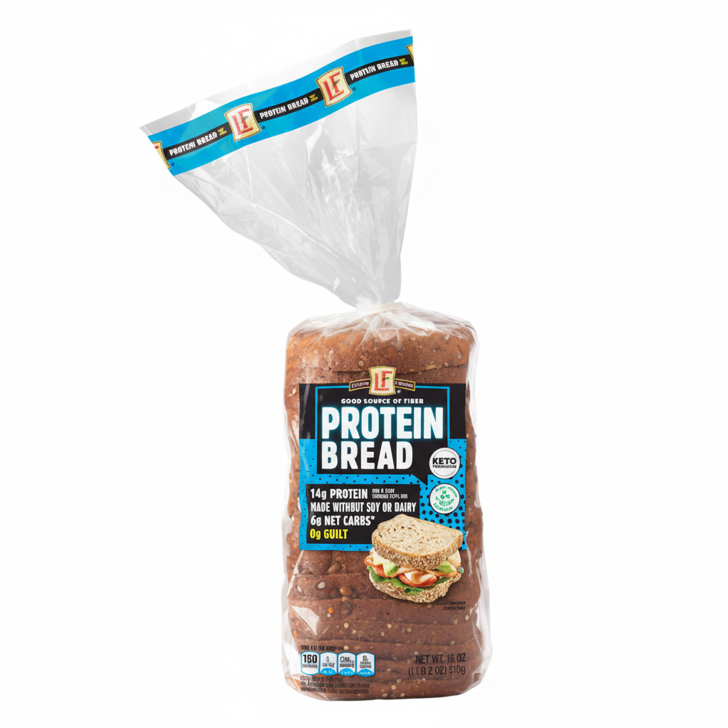 L'oven Fresh Protein Bread 18oz in clear bag with teal band, navy label, 14g protein, 6g net carbs, Keto Friendly badge and 0g Guilt claim