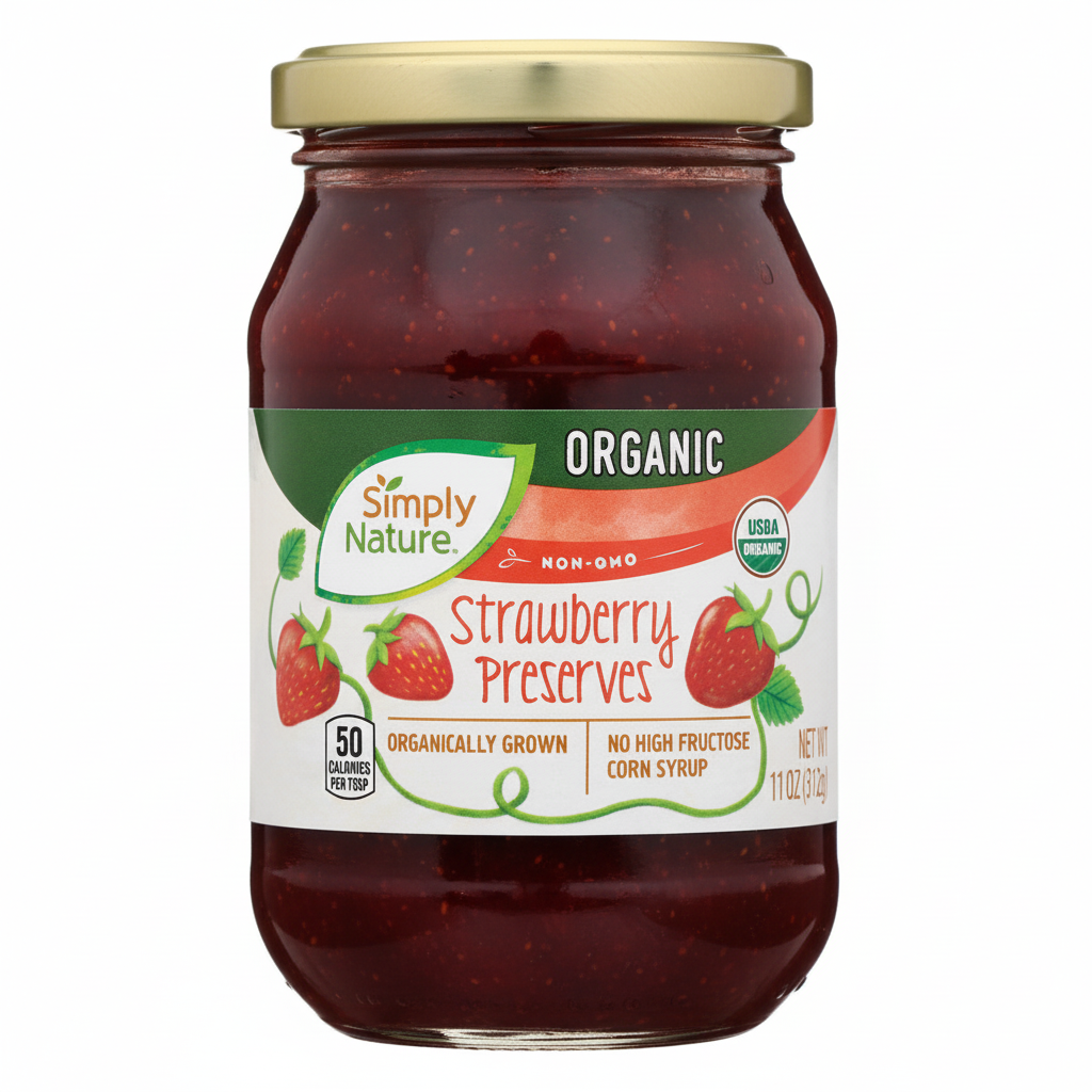 Simply Nature Organic Strawberry Preserves 11oz glass jar front view with gold lid and green organic label