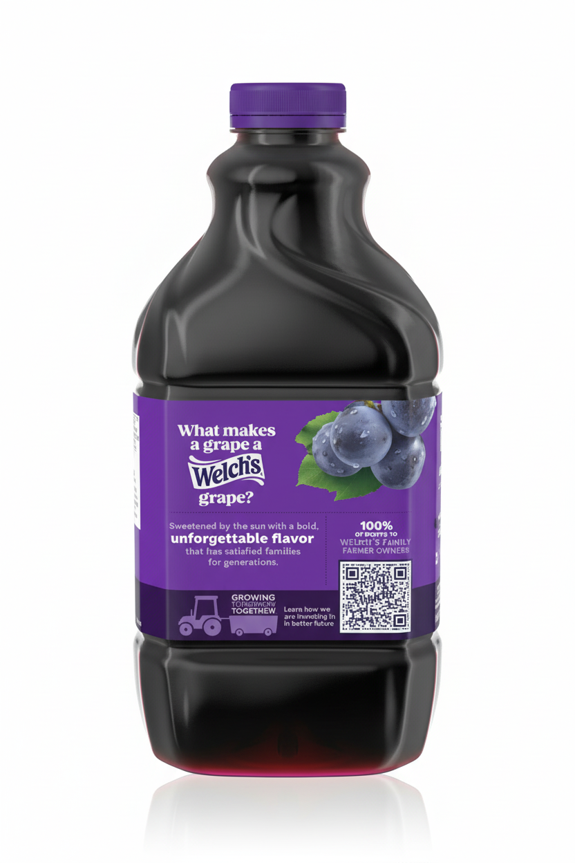 Welch's 100% Grape Juice back label bold unforgettable flavor 100% profits to family farmer owners growing communities together