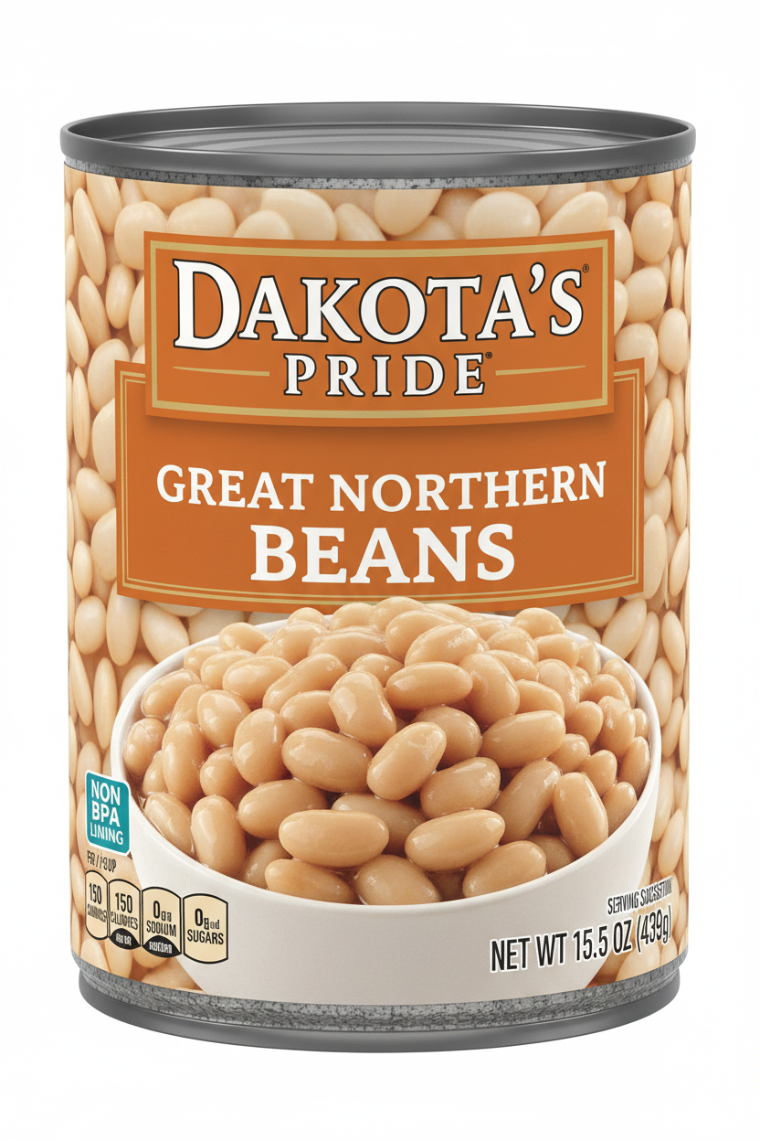 Dakota's Pride Great Northern Beans 15.5 oz Steel Can Orange Banner Gold Border Ceramic Bowl Serving Suggestion Non BPA Lining 150 Calories