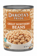 Dakota's Pride Great Northern Beans 15.5 oz Steel Can Orange Banner Gold Border Ceramic Bowl Serving Suggestion Non BPA Lining 150 Calories