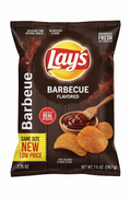 Lay's Barbecue Flavored Potato Chips 7.75 oz bag front with BBQ sauce bowl and smoky chips