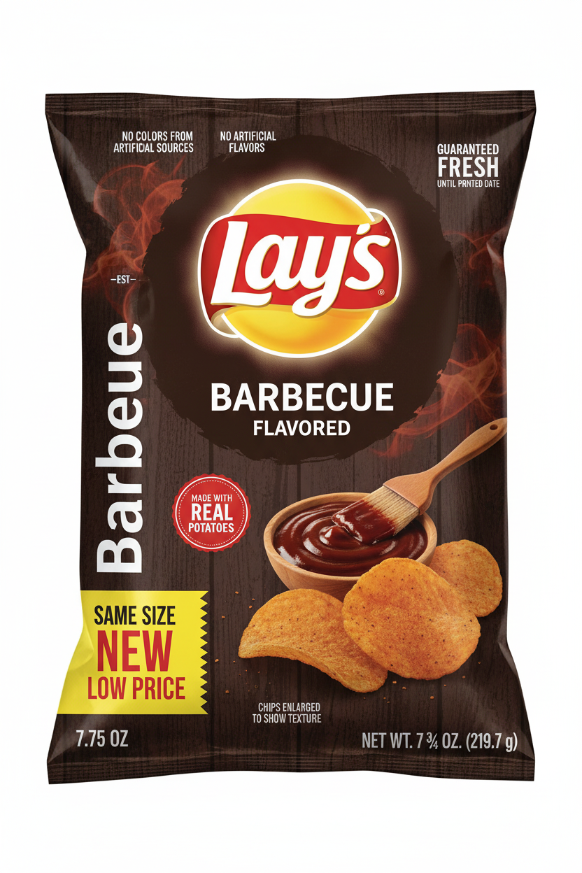 Lay's Barbecue Flavored Potato Chips 7.75 oz bag front with BBQ sauce bowl and smoky chips