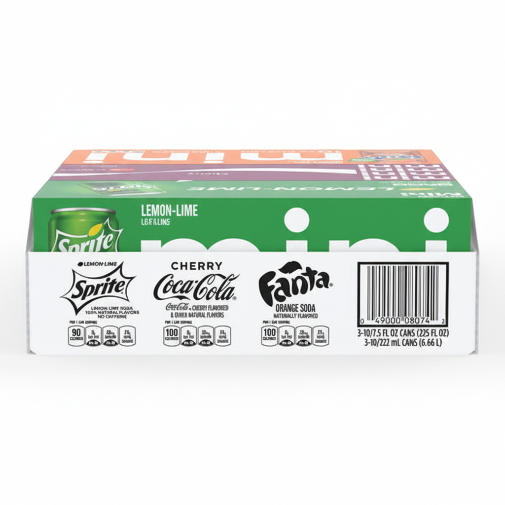 Coca-Cola Mini Variety Pack 30-count box side panel 3x10 cans 7.5 fl oz 225 fl oz total barcode