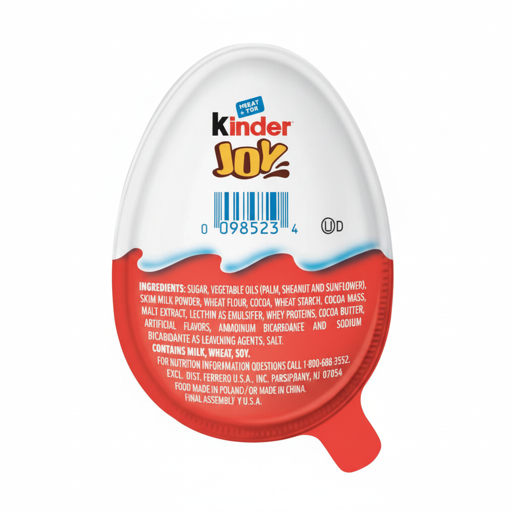 Ferrero Kinder Joy Egg back label with ingredients and barcode