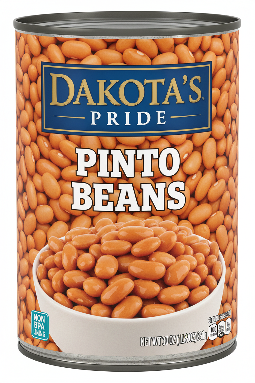 Dakota's Pride Pinto Beans 30 oz Large Steel Can Royal Blue Banner Gold Border Bowl Serving Suggestion Non BPA Lining 100 Calories