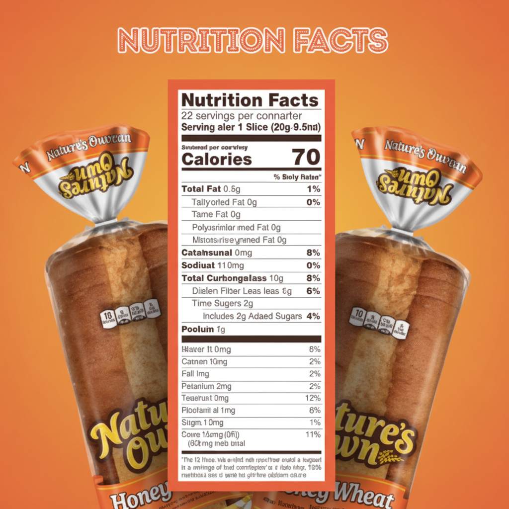 Nature's Own Honey Wheat Bread nutrition facts display showing 70 calories per serving with two bread bags on orange background