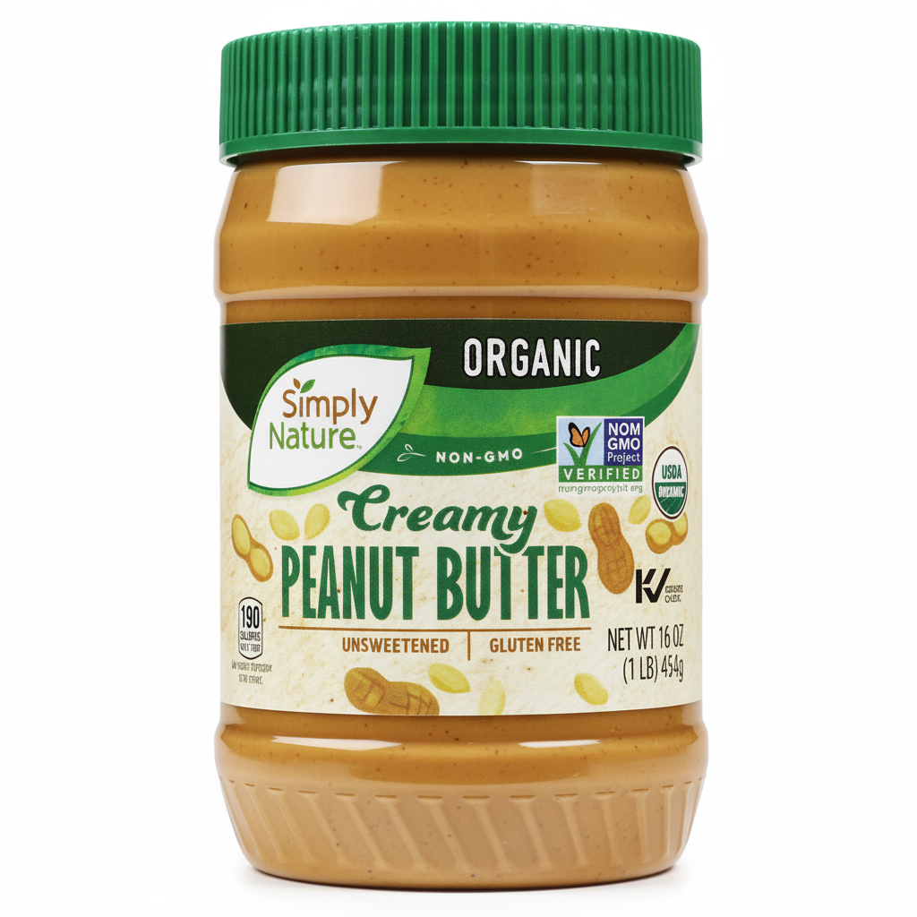Simply Nature Organic Creamy Peanut Butter 16oz jar front view with green lid and organic certification badges