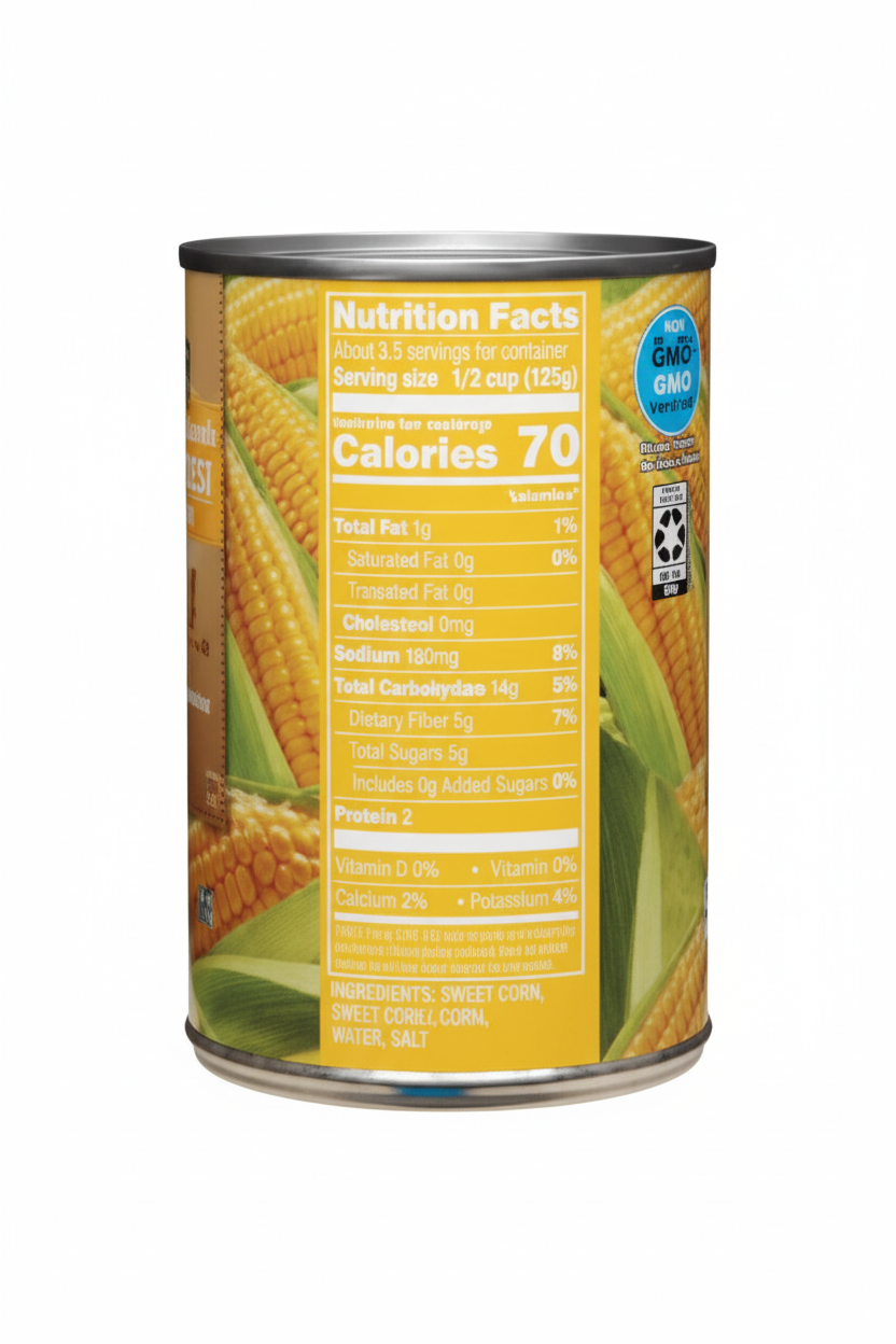 Happy Harvest Whole Kernel Sweet Corn Nutrition Facts 70 Calories Per Half Cup 2g Protein 2g Dietary Fiber 180mg Sodium Non-GMO Project Verified