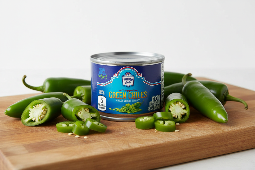 Pueblo Lindo Chopped Green Chiles 4 oz Can Lifestyle Shot Fresh Green Chiles Wooden Cutting Board