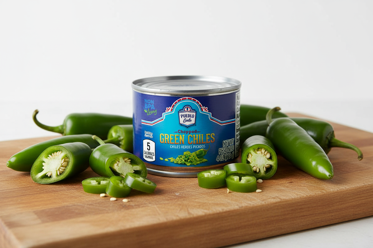 Pueblo Lindo Chopped Green Chiles 4 oz Can Lifestyle Shot Fresh Green Chiles Wooden Cutting Board