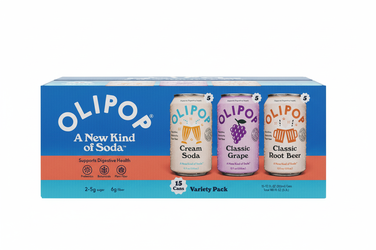 OLIPOP A New Kind of Soda 15-count variety pack Cream Soda Classic Grape Classic Root Beer 12 fl oz cans 9g fiber prebiotics