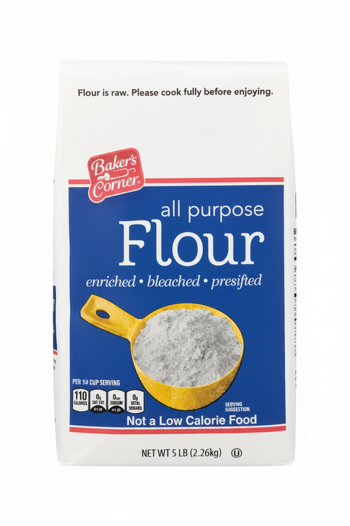 Baker's Corner All Purpose Flour 5 lb Bag Front Enriched Bleached Presifted Not a Low Calorie Food