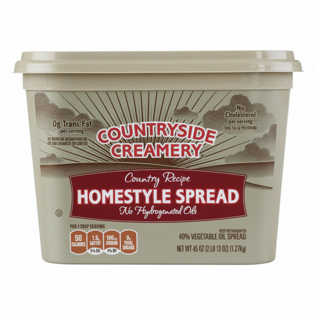 Countryside Creamery Country Recipe Homestyle Spread 45oz taupe tub front with vintage sunburst design, dark red banner and 50 calories per tbsp