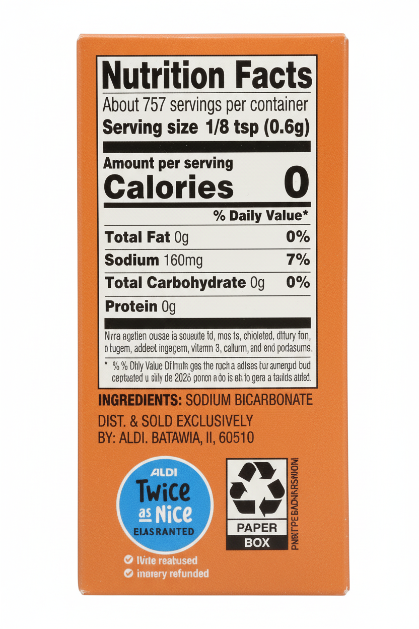 Baker's Corner Pure Baking Soda Nutrition Facts Panel 0 Calories Sodium Bicarbonate Ingredients