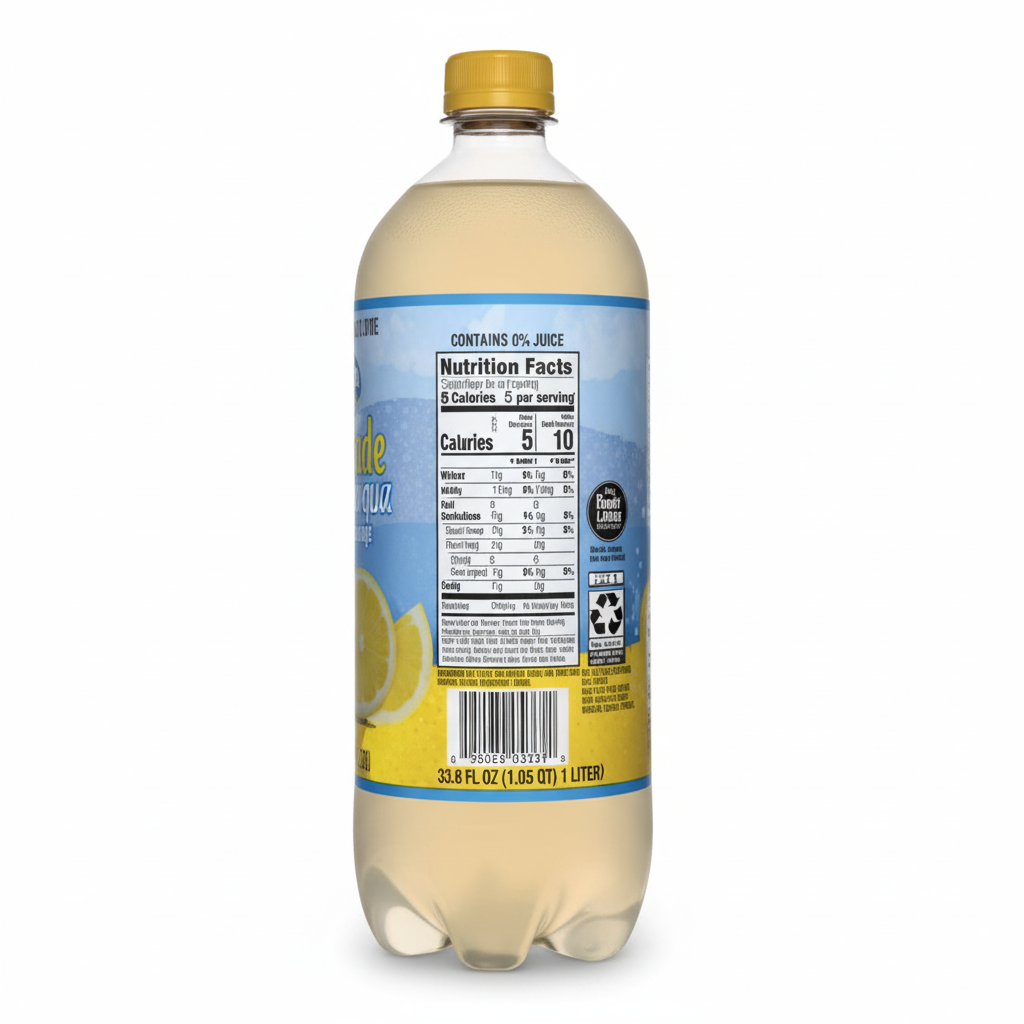 PurAqua Lemonade Flavored Water Beverage 33.8 fl oz bottle back label with nutrition facts