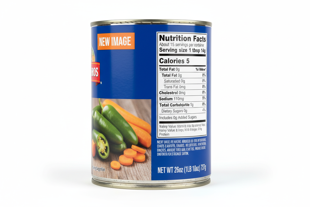 San Marcos Jalapeños 26 oz Back Label Nutrition Facts 5 Calories Per Tablespoon Serving Jalapeño and Carrot Serving Suggestion