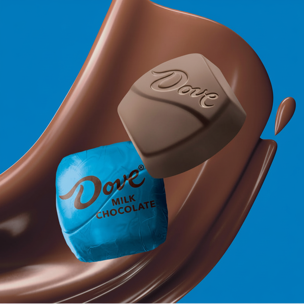 Dove Promises Milk Chocolate individually wrapped sky blue foil candy and unwrapped embossed chocolate square in silky chocolate wave