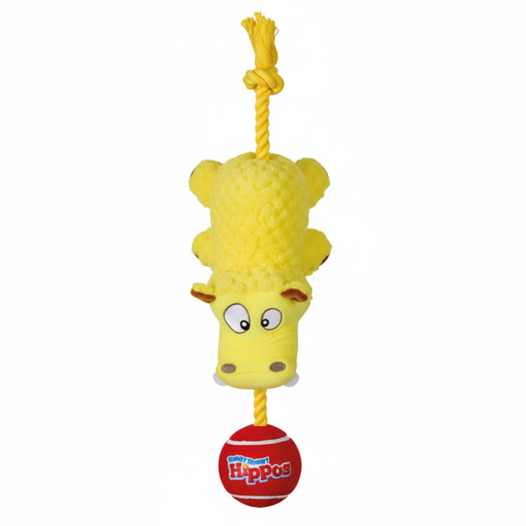Hasbro Hungry Hungry Hippos plush dog toy in yellow with red tennis ball