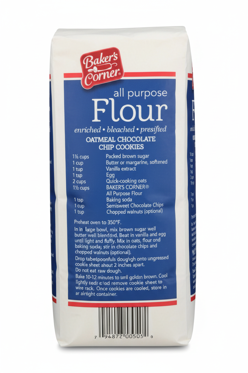 Baker's Corner All Purpose Flour 5 lb Bag Side Panel Oatmeal Chocolate Chip Cookies Recipe